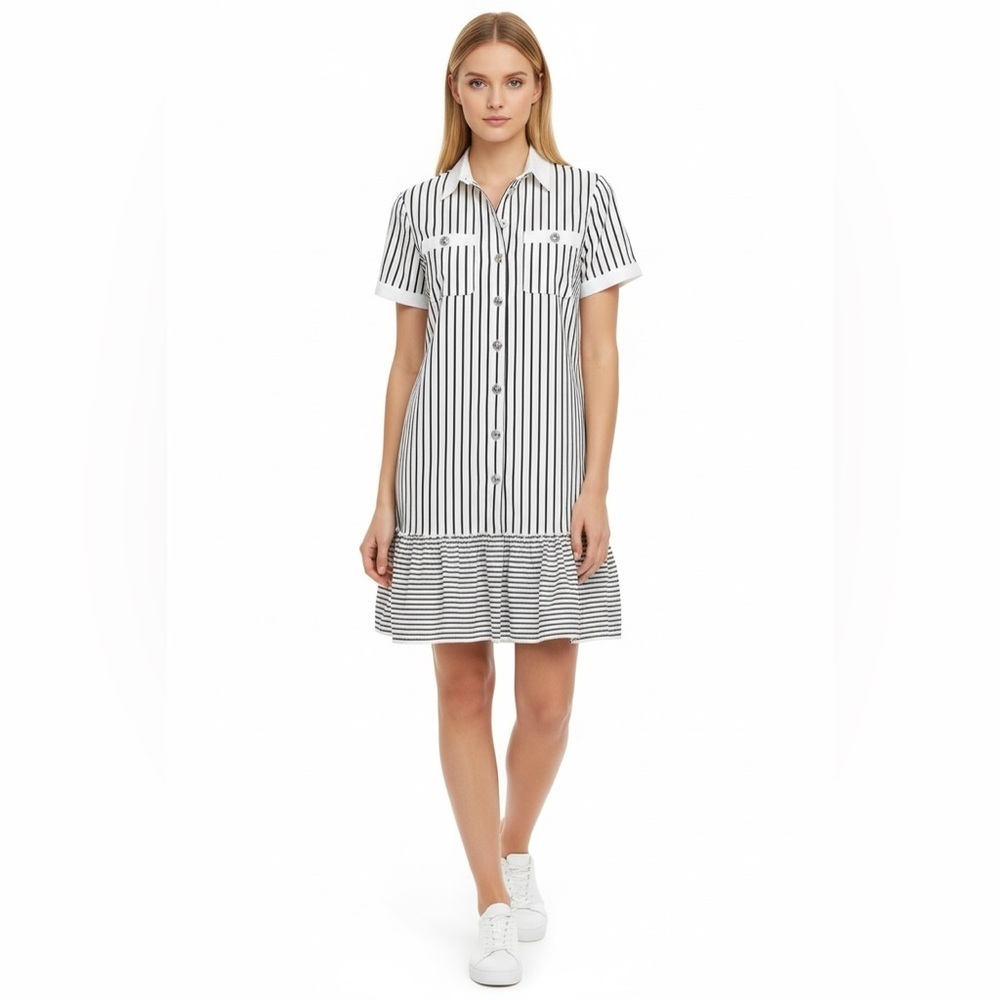 Karl Lagerfeld Paris Black & White Striped Shirt Dress Drop Waist Ruffle
